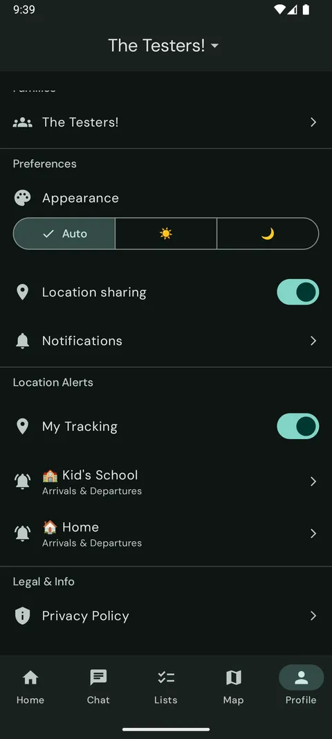 Our Fam! location alerts with saved places like Kid's School and Home set for arrivals and departures.
