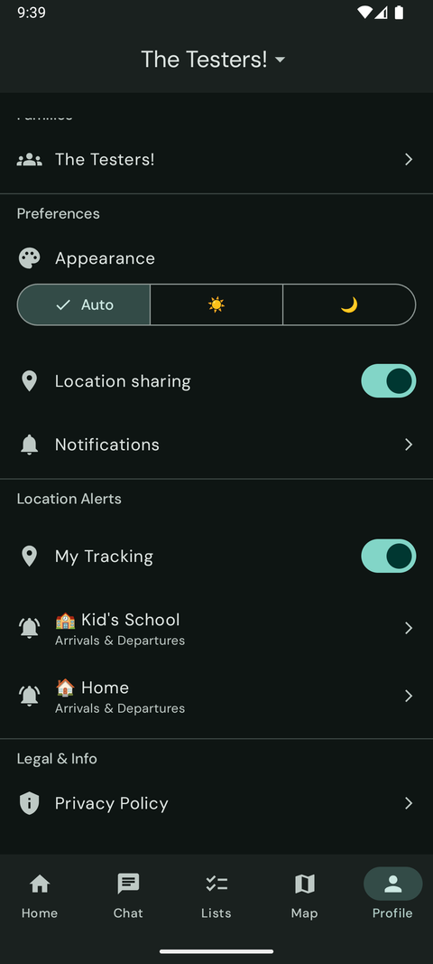 Our Fam! location alerts with saved places like Kid's School and Home set for arrivals and departures.