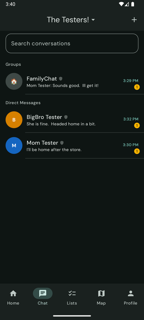 Our Fam! conversations — an encrypted family group chat and direct messages.