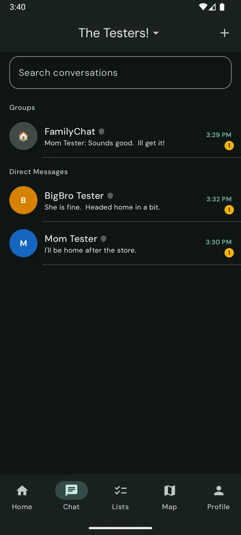 Our Fam! conversations — an encrypted family group chat and direct messages.