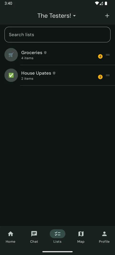 Our Fam! shared lists screen with a Groceries list and a House Updates list.