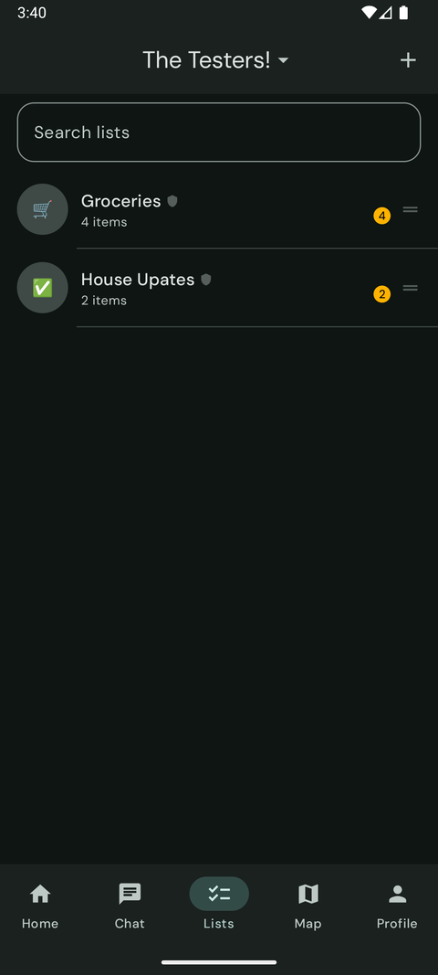 Our Fam! shared lists screen with a Groceries list and a House Updates list.
