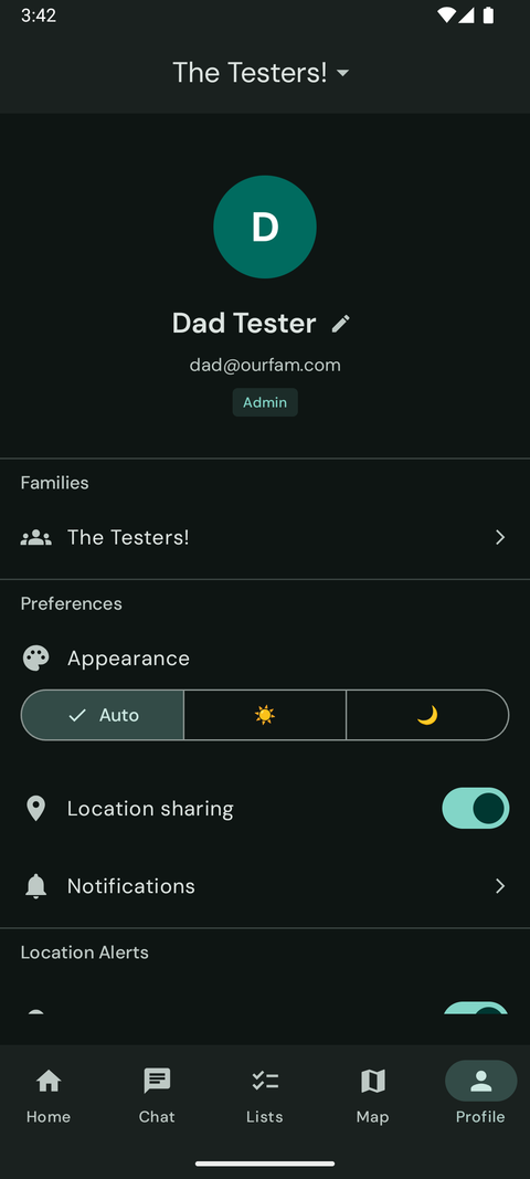 Our Fam! profile and privacy settings, including location-sharing controls.