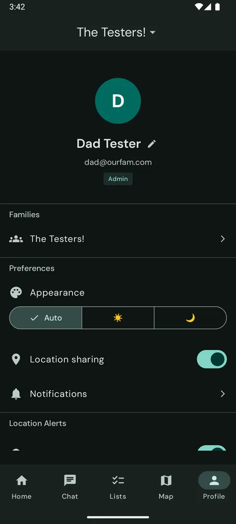 Our Fam! profile and privacy settings, including location-sharing controls.