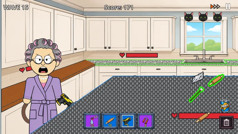 Wave 15 gameplay — grandma wielding a taser with weapons and an energy drink scattered across the counter.