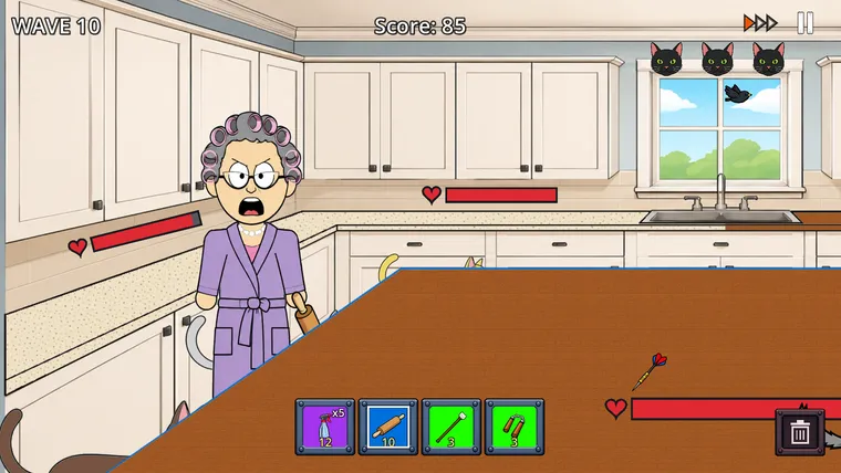 Wave 10 gameplay — grandma guarding kitchen counters with health bars while cats creep in.