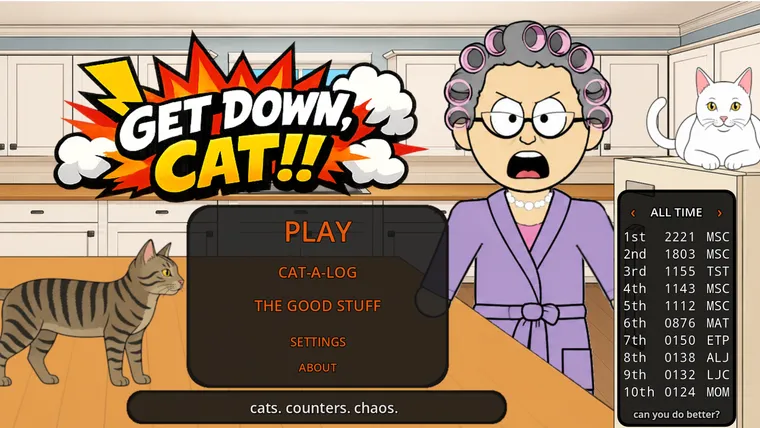 Get Down, CAT!! main menu — the angry grandma, a tabby prowling the floor, a smug cat on the counter, and the ALL TIME leaderboard.