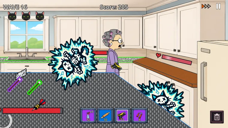 Wave 16 gameplay — cats getting zapped into cartoon skeletons in a burst of electricity.